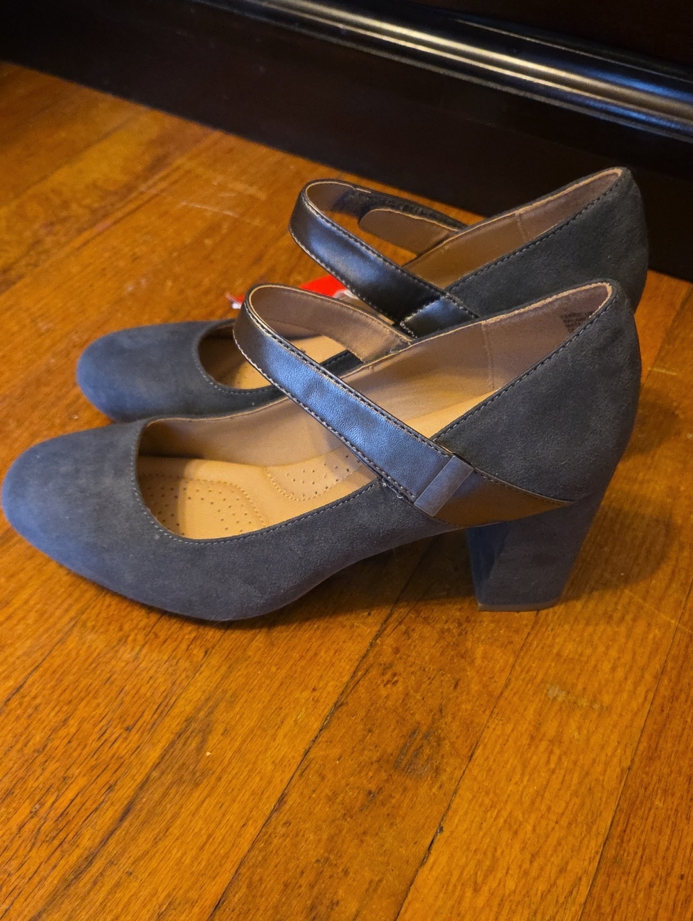 Dexflex Comfort Gray Suede Mary Jane Block Heels